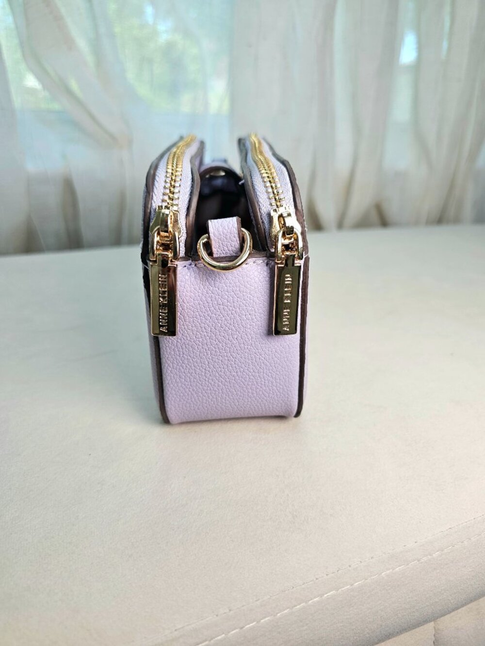 Anne Klein Lavender Cork Double Zip Camera Crossbody Bag Gold Chain Strap - Picture 12 of 15